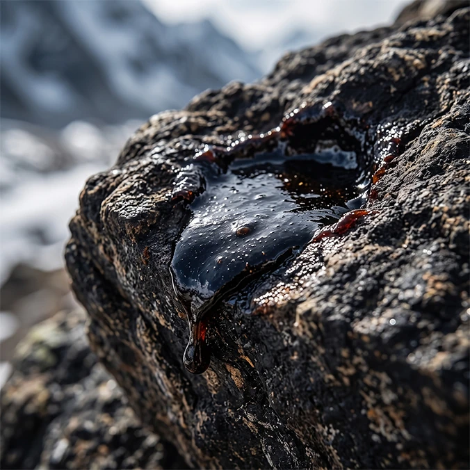 Rohes Shilajit-Harz tropft von Fels in Berglandschaft – Androsax Shilajit-Extrakt